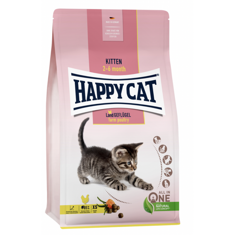Сухой корм для котят в возрасте от 5 недель Happy Cat Kitten Land-Geflügel 37,5/21 (птица, лосось, без злаков)